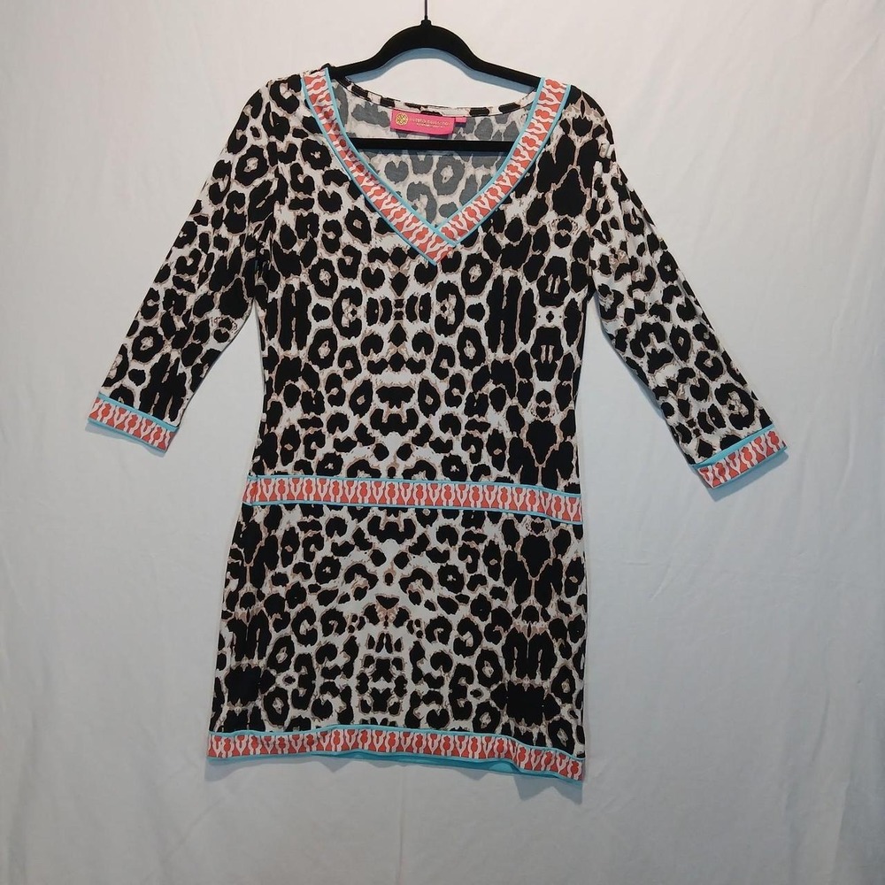 Macbeth Collection S leopard tunic dress dropped waist vacation greek resortwear